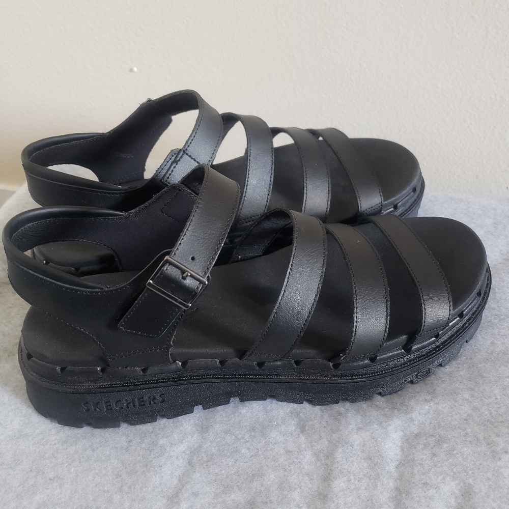 Skechers Jammers Poppin Size 11 Black Black Leather Sandals